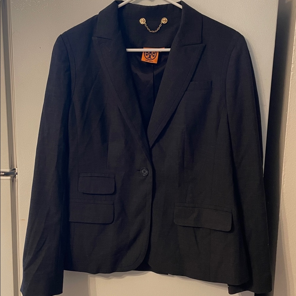 Tory Burch Women’s Size 8 Dark Gray Wool Gold Accent Blazer Jacket Career Modest